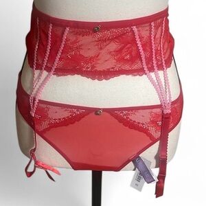Adore Me Suki Cheeky Panty/Garter Set Sz Various Red/Pink Lace Straps Feminine